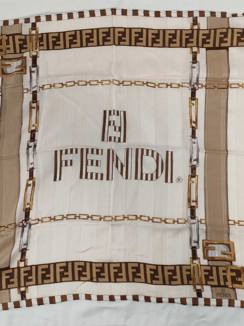 Fendi FF Logo Chain Buckle Print Silk Scarf Beige Brown Square Scarf